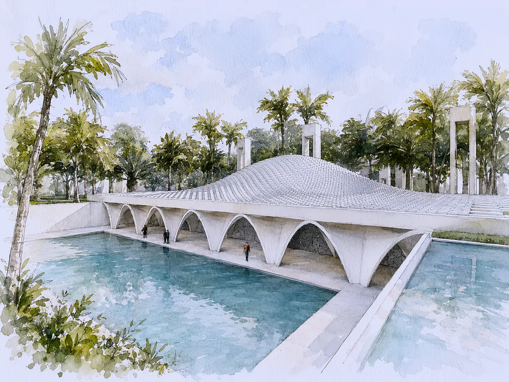 Rendering of a free-form gridshell roof spanning a mosque courtyard in Dakar.