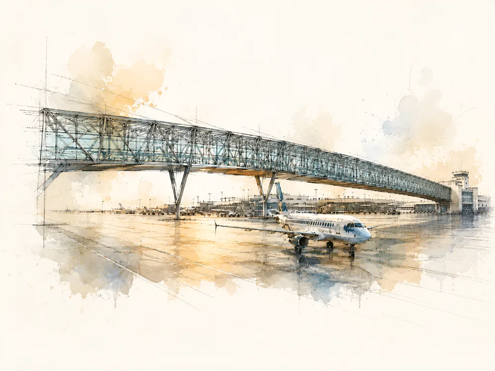 Watercolor rendering of a glass-and-steel airport pedestrian walkway spanning over aircraft traffic.