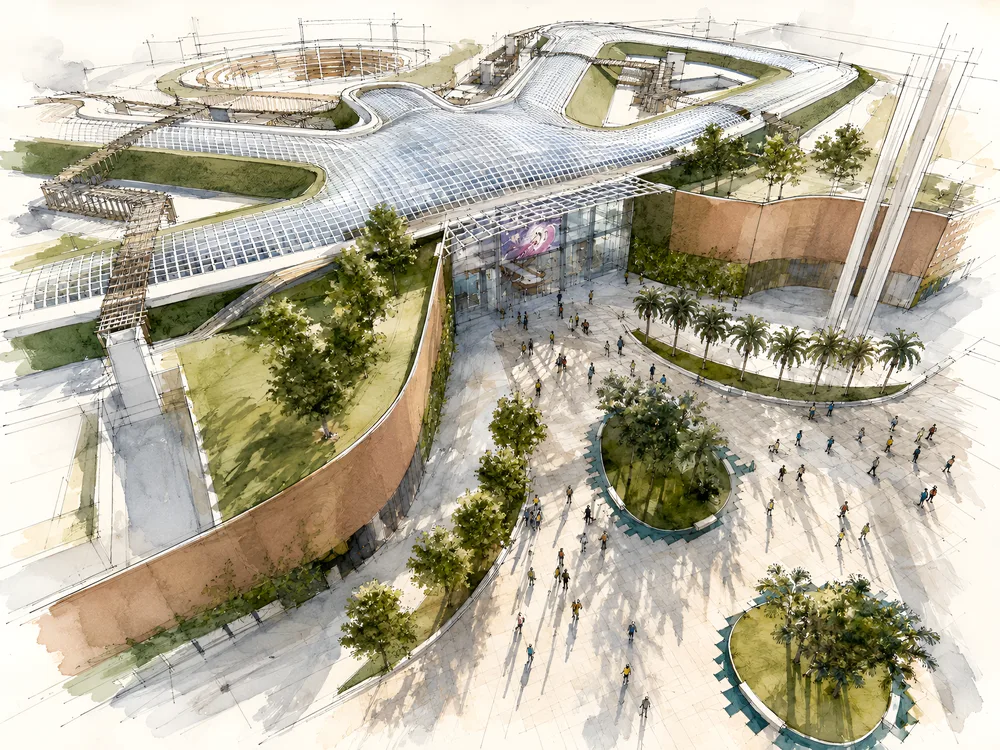 Rendering of a free-form gridshell roof over the Maximall Pompei retail complex.