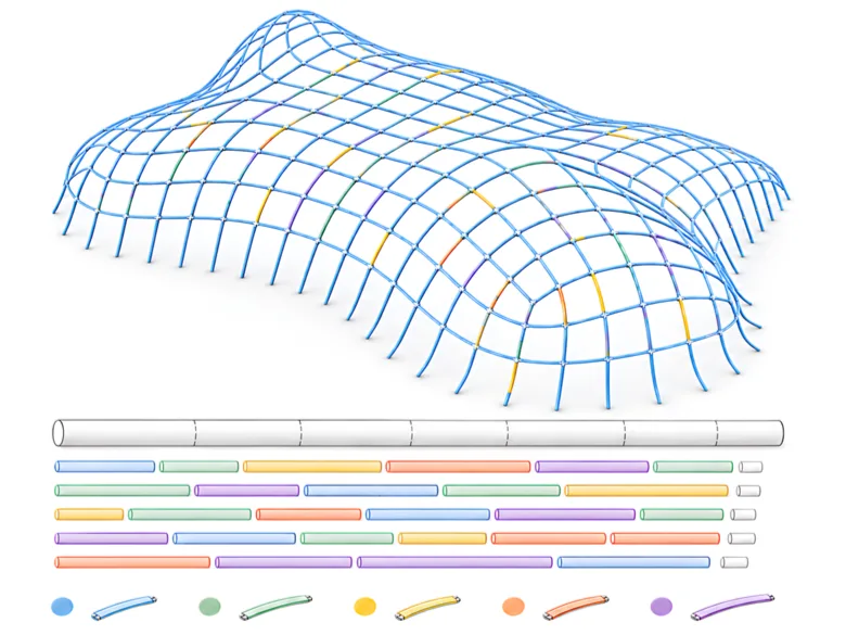 A free-form gridshell with color-coded members above a cutting diagram showing how grouped rod segments are nested from standard stock bars to reduce element variety and material waste.