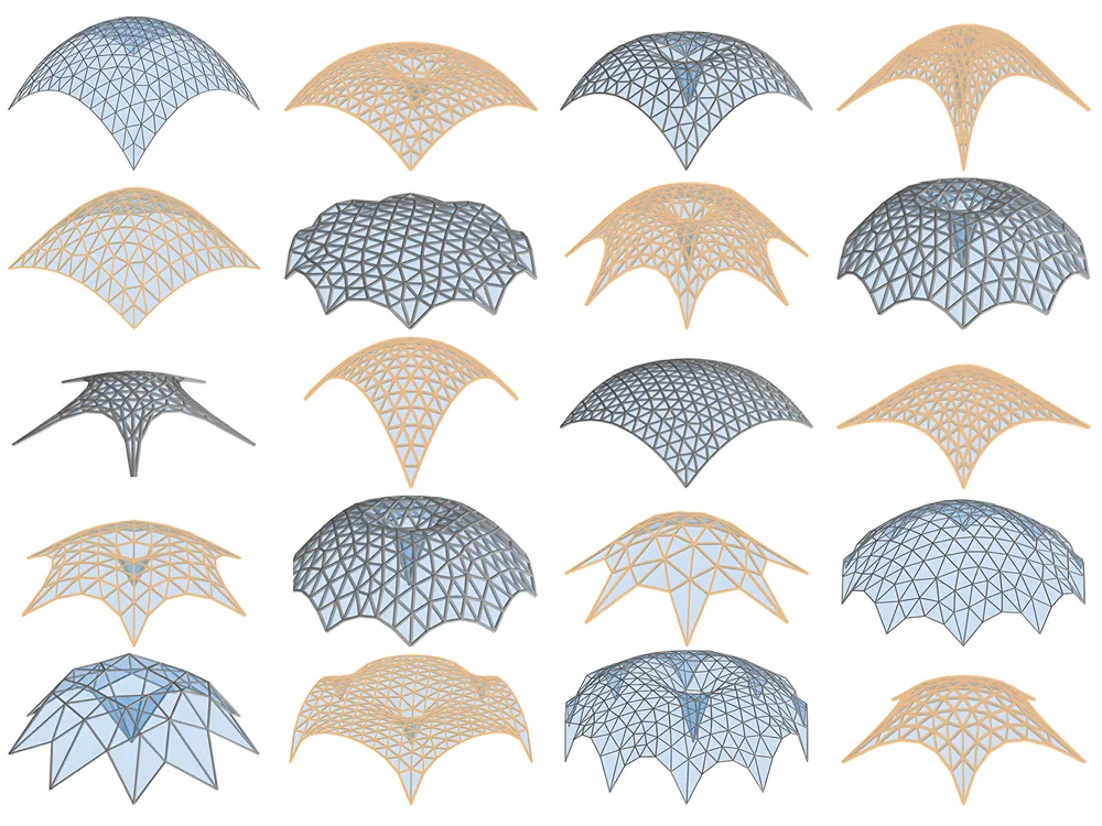 A grid of optimized gridshell variations — free-form domes and vaults rendered as blue-glass and lattice structures — produced by the human-in-the-loop structural optimization.