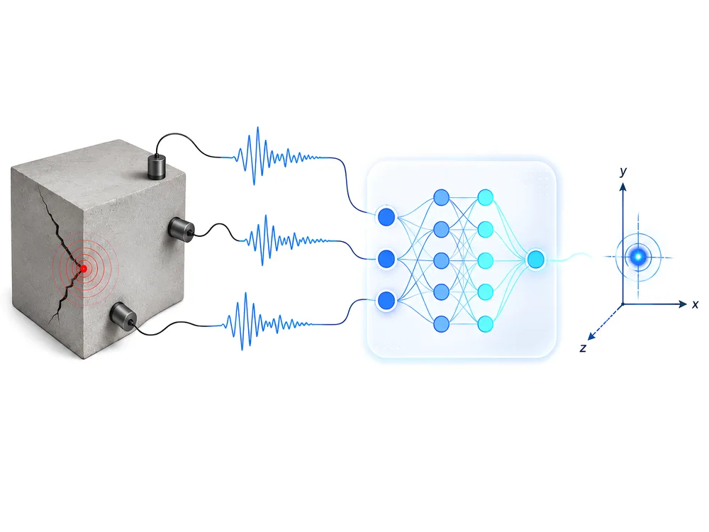 A cracked concrete cube with acoustic emission sensors feeding waveform signals into a neural network that outputs a localized 3D crack source position.