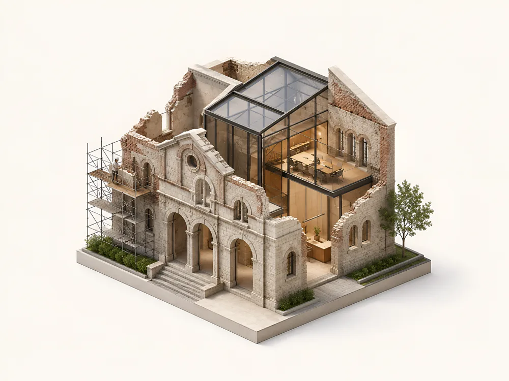 Illustrated adaptive reuse scene representing architectural heritage teaching.