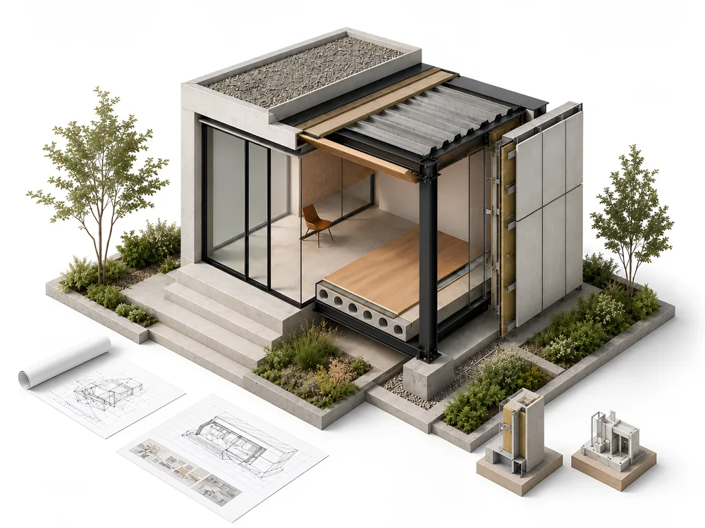 Illustrated construction atelier scene for the bachelor architecture course.