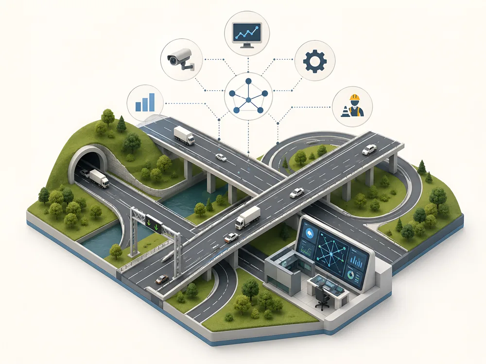 Illustrated highway infrastructure scene for the Autostrade per l'Italia professional master project work.