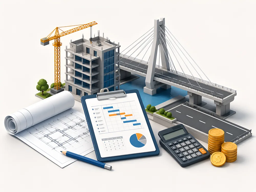 Illustrated construction and infrastructure management scene for the professional master module.